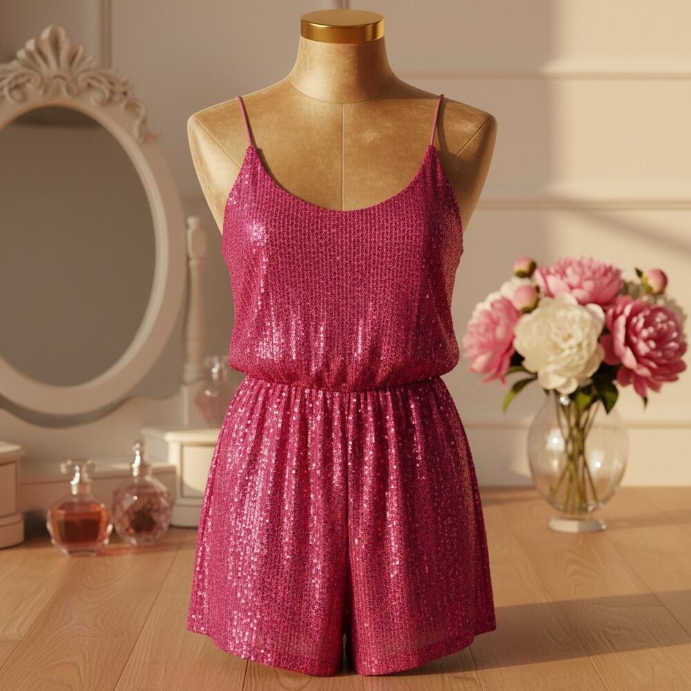 Double Crazy Cami Sequin Mini Sexy Romantic Feminine Glam Stretchy Romper L